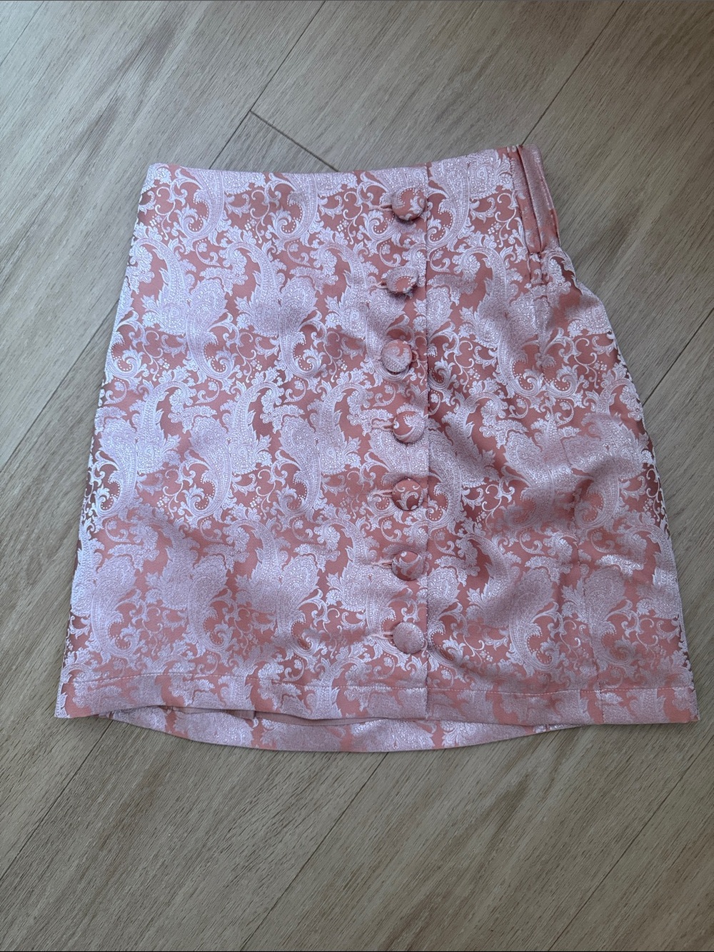 The Line by K High-Waist Pink Mini Skirt w/ Buttons in Jacquard Brocade